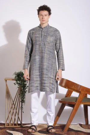 Blue Khadi Long Kurta - Handwoven Cotton, Mandarin Collar