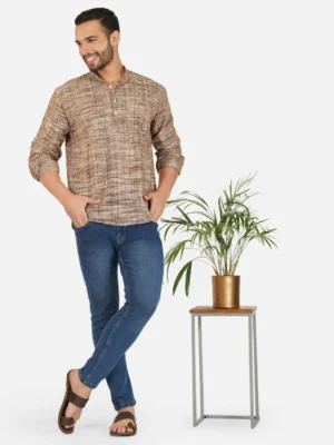 Coffee Color Pure Khadi Short Kurta for Men
